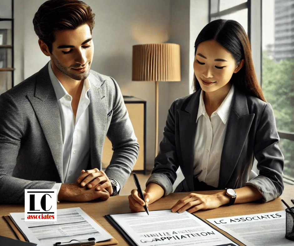 LC Associates Two professionals, a man and a woman, are seated at a desk in a modern office. The woman is signing a document while the man looks on. Both are dressed in business attire. On the desk are papers with the "LC Associates" logo and a modern lamp is in the background. Con Edison Cash Incentives