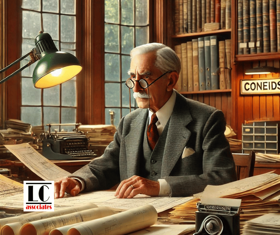 LC Associates An elderly man with white hair and mustache, wearing glasses and a grey suit, is studying architectural plans at a cluttered wooden desk. The background shows tall windows, bookshelves filled with books, and a desk lamp illuminating his workspace. Con Edison Cash Incentives