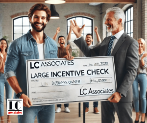 LC Associates A man in a denim shirt holds a large incentive check alongside an older man in a suit. Both men are smiling, and a group of people in the background claps and cheers. The check reads "LC Associates, LARGE INCENTIVE CHECK, $50,000.00, Business Owner. Con Edison Cash Incentives