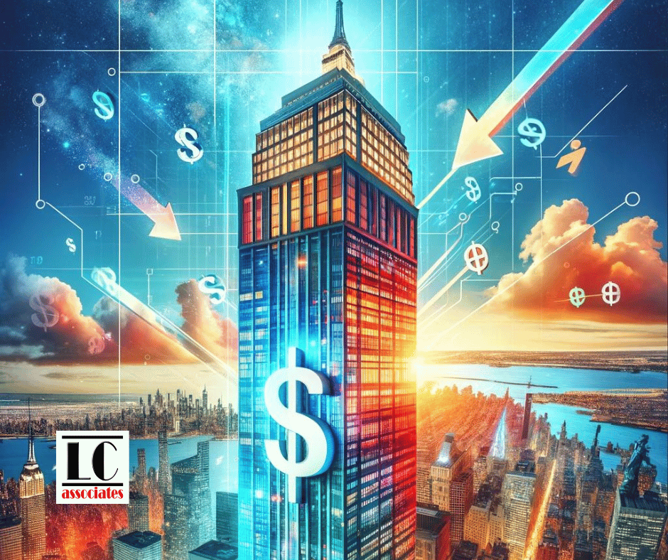 LC Associates A skyscraper with a dollar sign in the center, symbolizing financial growth. Background features a vibrant cityscape with arrows pointing upwards, indicating rising trends. The BE Credit logo is visible in the bottom-left corner. The sky is bright and dynamic. Con Edison Cash Incentives