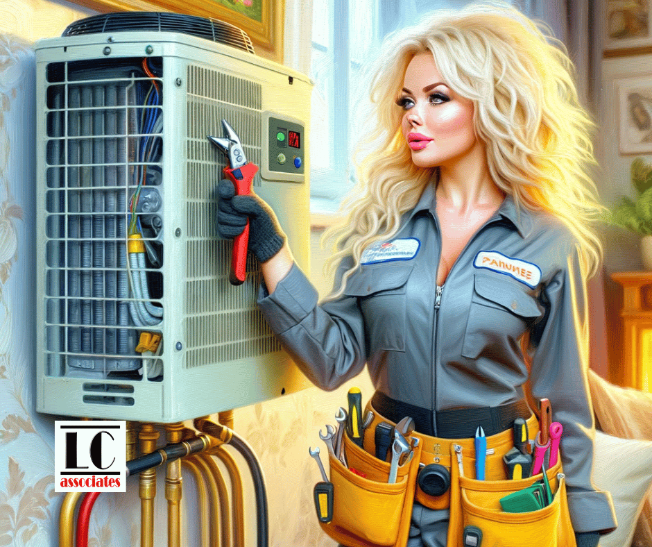 LC Associates A woman with long blonde hair, wearing a gray mechanics uniform, is working on an HVAC unit with a pair of pliers in her right hand. She has a tool belt around her waist filled with various tools. A logo on the unit reads "LC Associates," known for their BE Credit certified services. Con Edison Cash Incentives