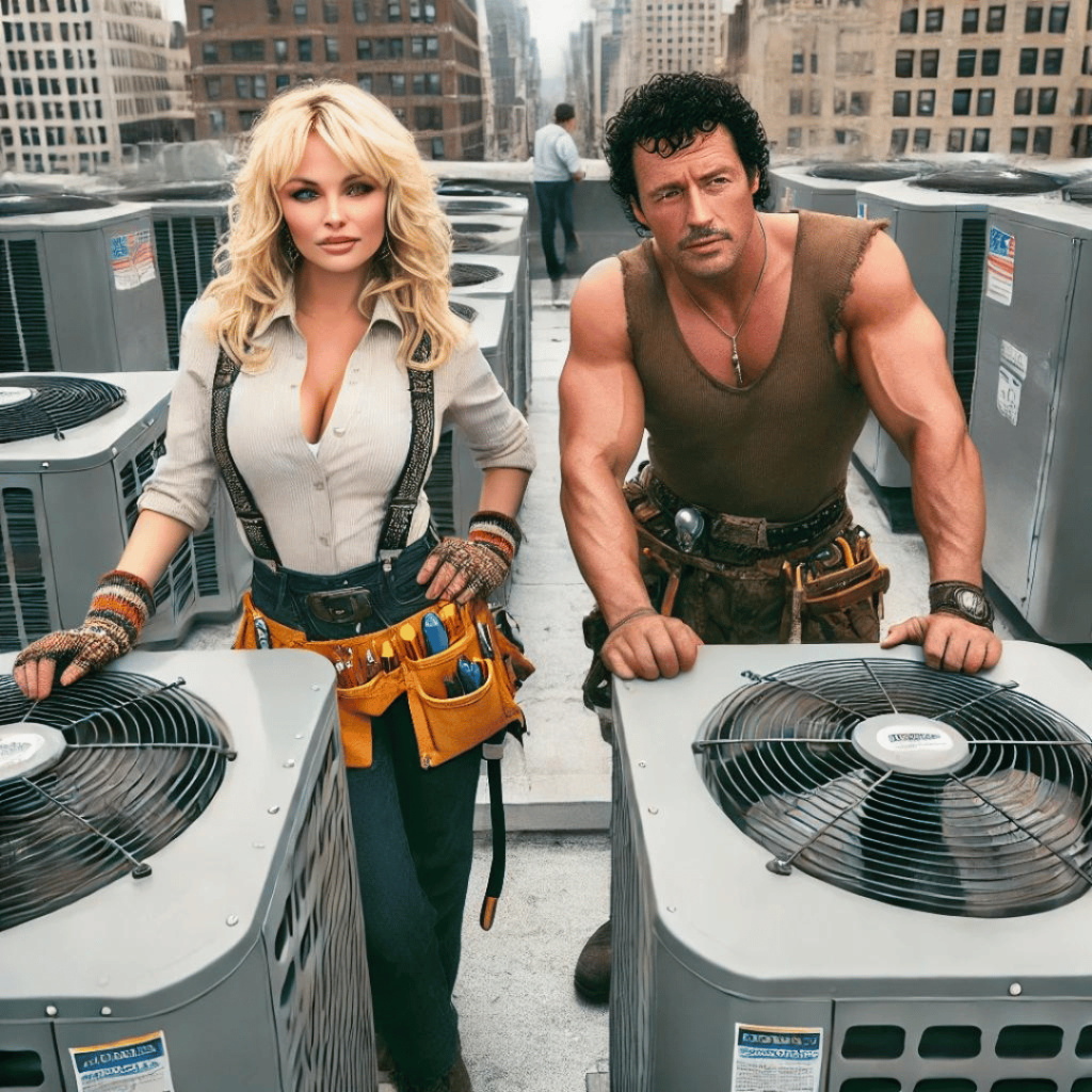 LC Associates Two people, a woman and a man, dressed as HVAC technicians stand confidently beside large outdoor air conditioning units on a rooftop. Both are wearing utility belts with various tools and are surrounded by tall city buildings in the background, showcasing their BE Credit expertise. Con Edison Cash Incentives